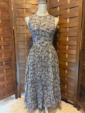 Warehouse Floral Pleated Midi Dress in Purple and Green Monet watercolors size 8